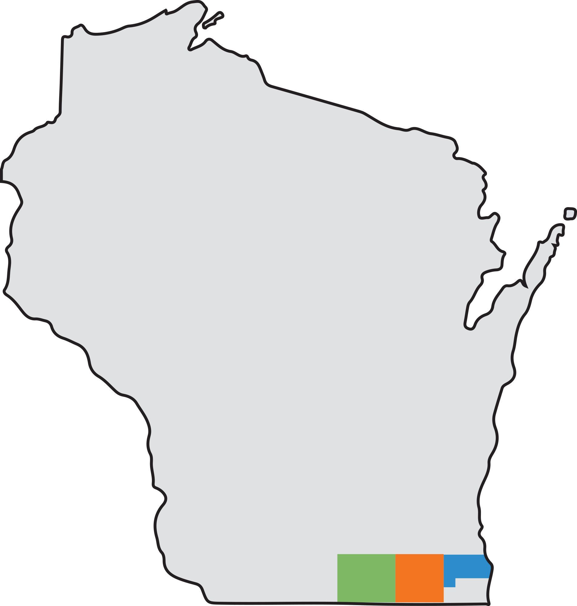 Map featuring a black outline of Wisconsin filled in with gray. Racine, Rock, and Walworth counties are featured in different bright colors.