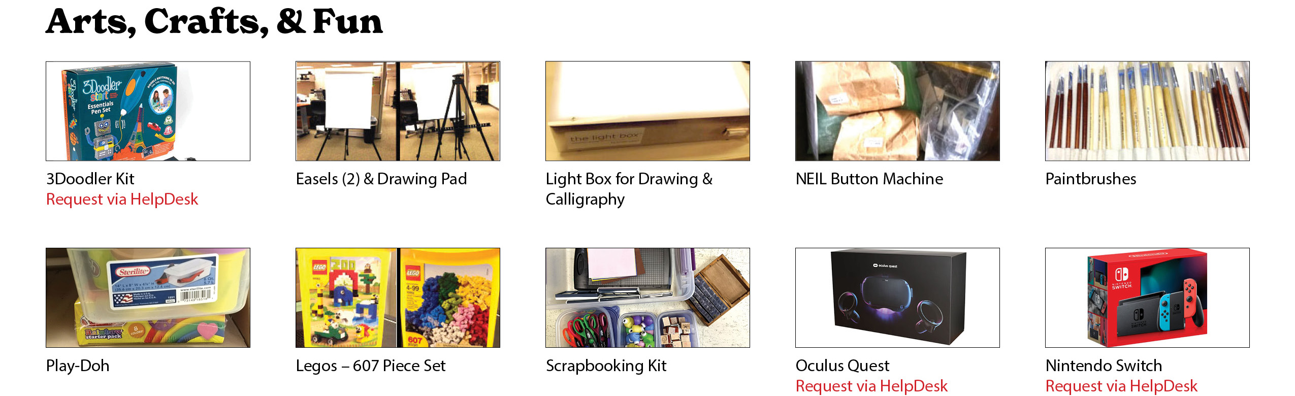 Catalog of PLLS' collection of arts, crafts, & fun co-op items.