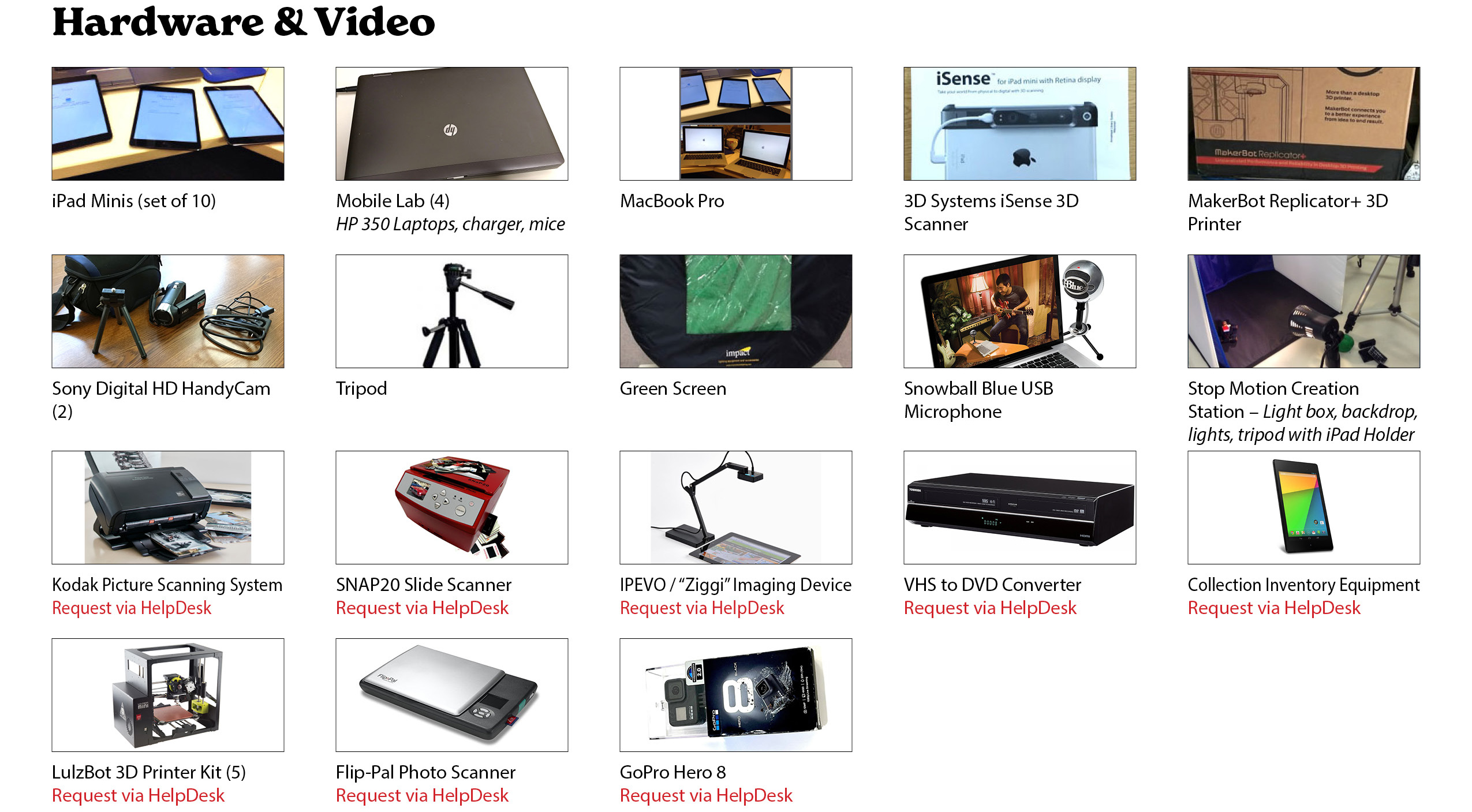 Catalog of PLLS' collection of hardware and video co-op items.