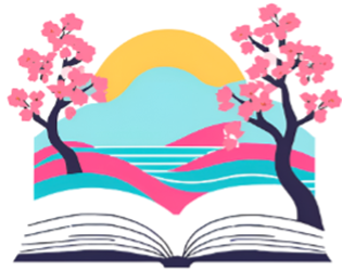 open book with an illustrated abstract sunrise over mountains and cherry blossoms.