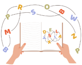 Illustration of scrambled letters on and above an open book held by two hands.