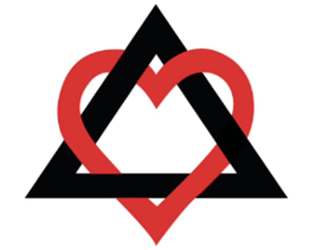 intersecting black triangle and red heart.