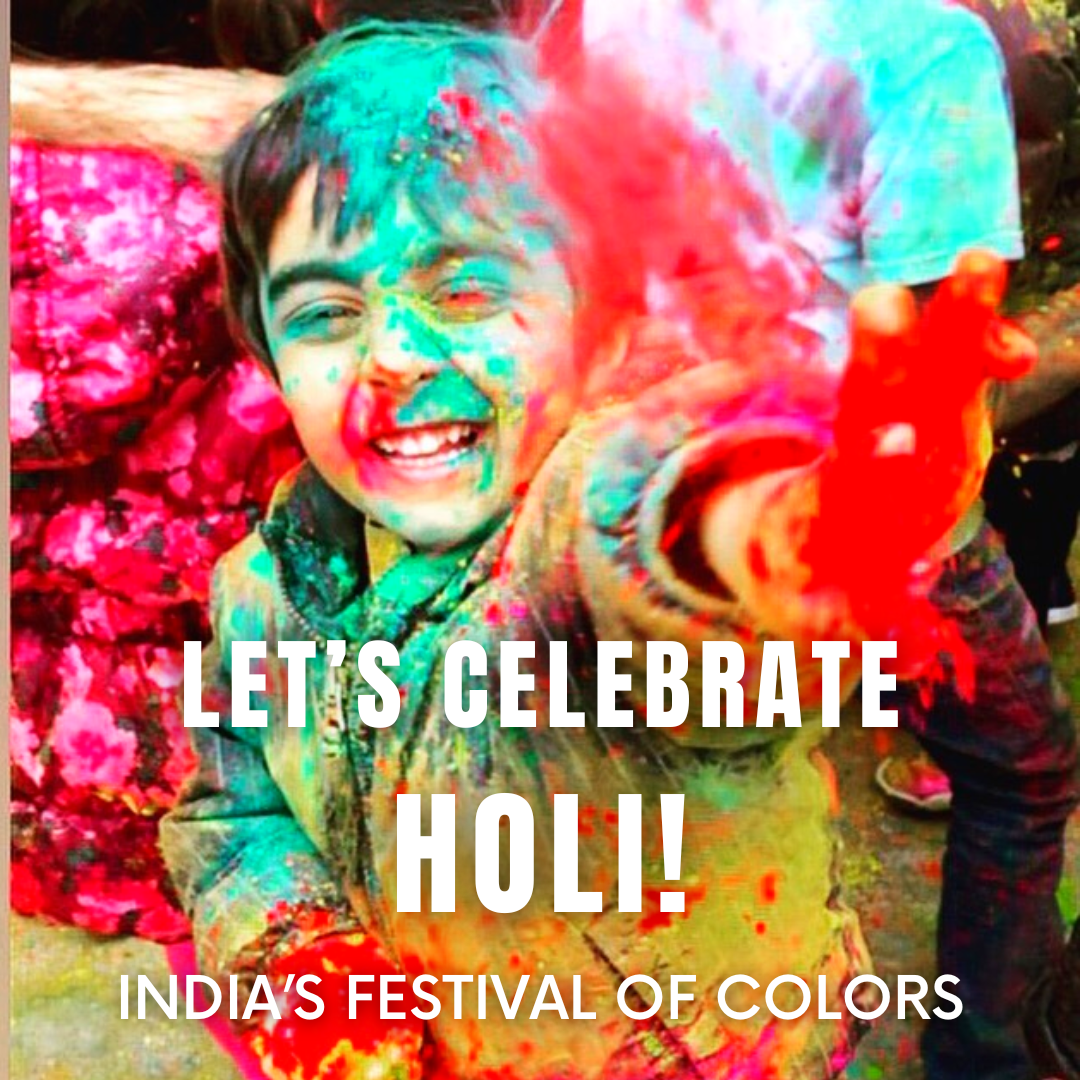 Kid covered in Holi color powder, tossing more.