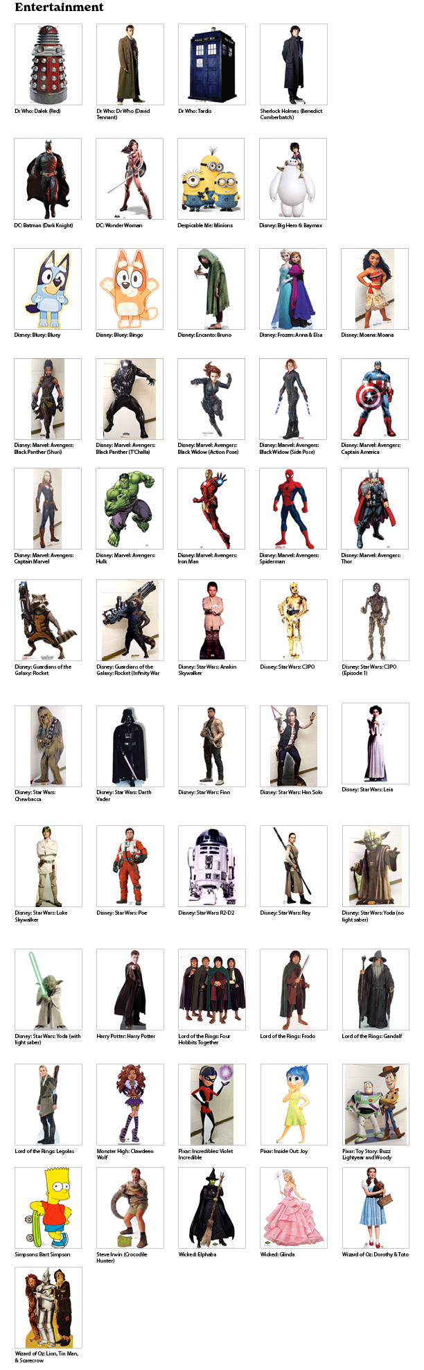 Preview from the downloadable stand-ups catalog of the available items in the Entertainment category.