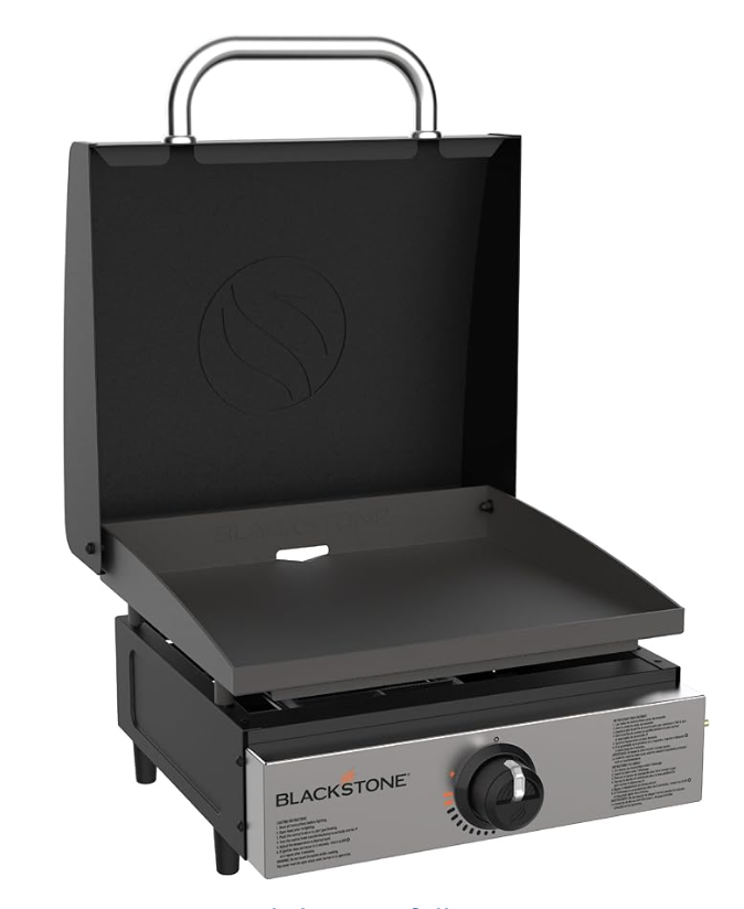 Tabletop flat Blackstone griddle with lid.