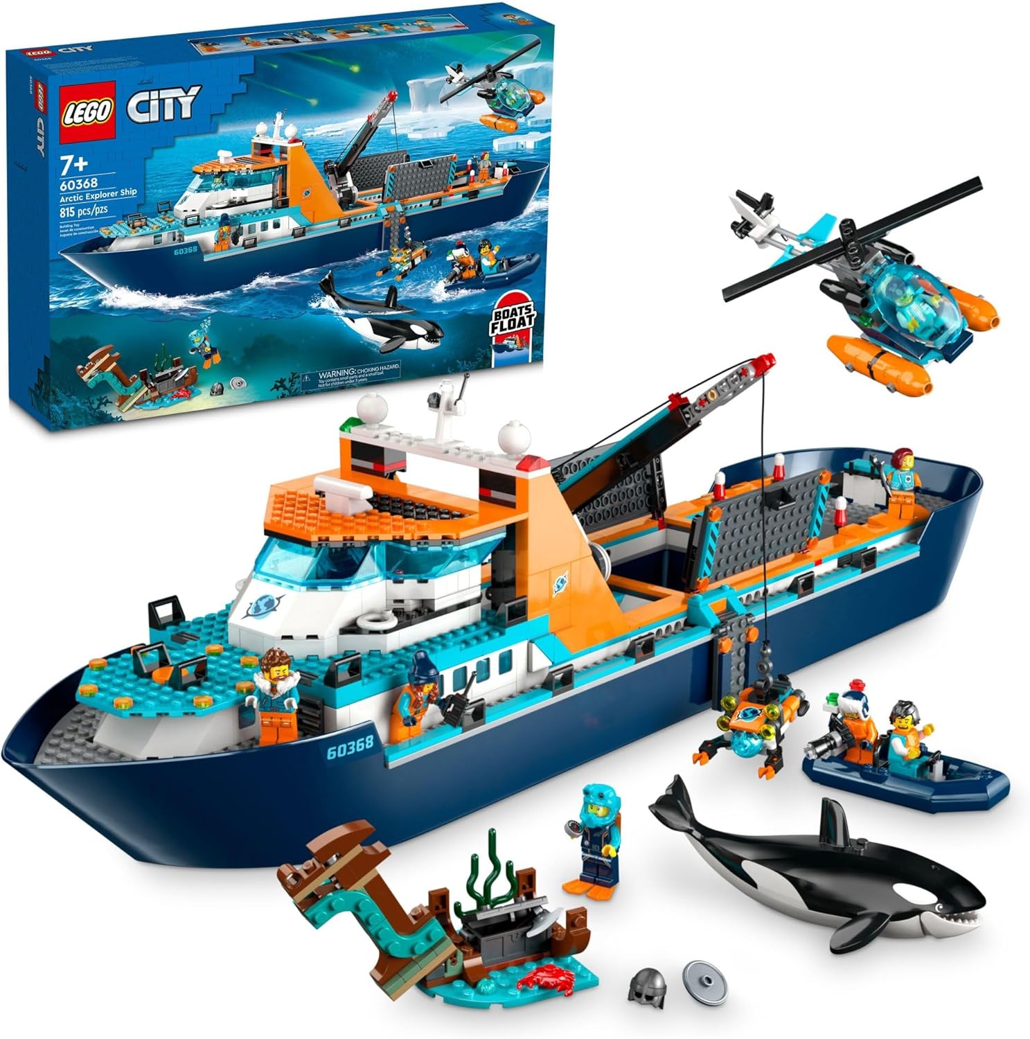 LEGO City – Artic Explorer Ship. Big LEGO boat, helicopter, whale, and explorers.