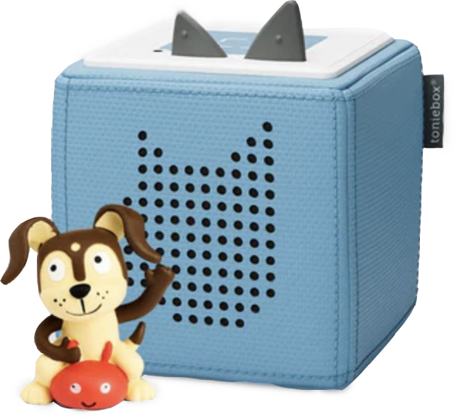 Toni Box. A blue speaker with a dog that sits on top.