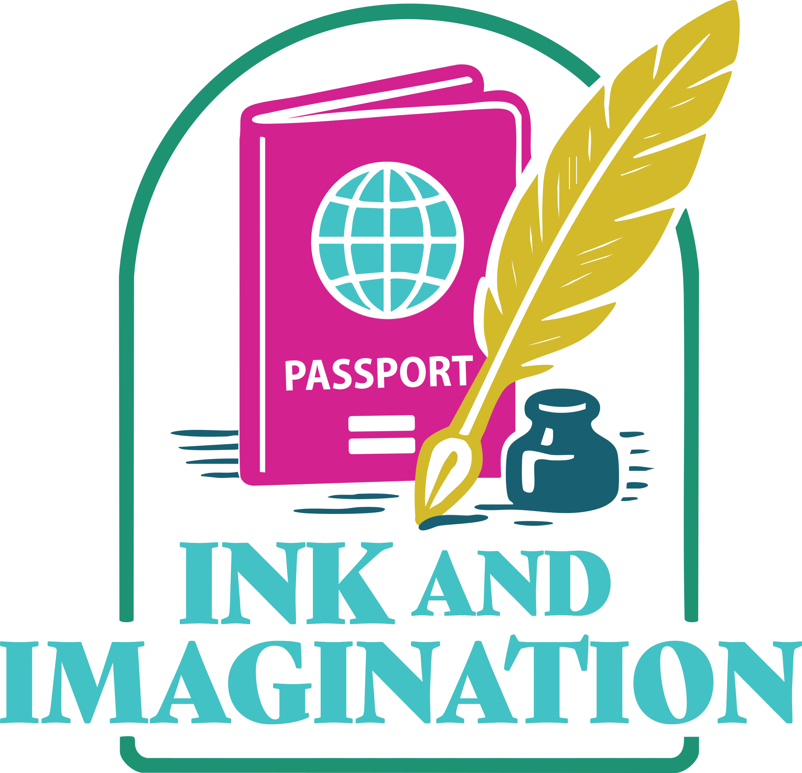 Ink and Imagination Logo. Passport, quill pen, and ink pot in an arched frame.
