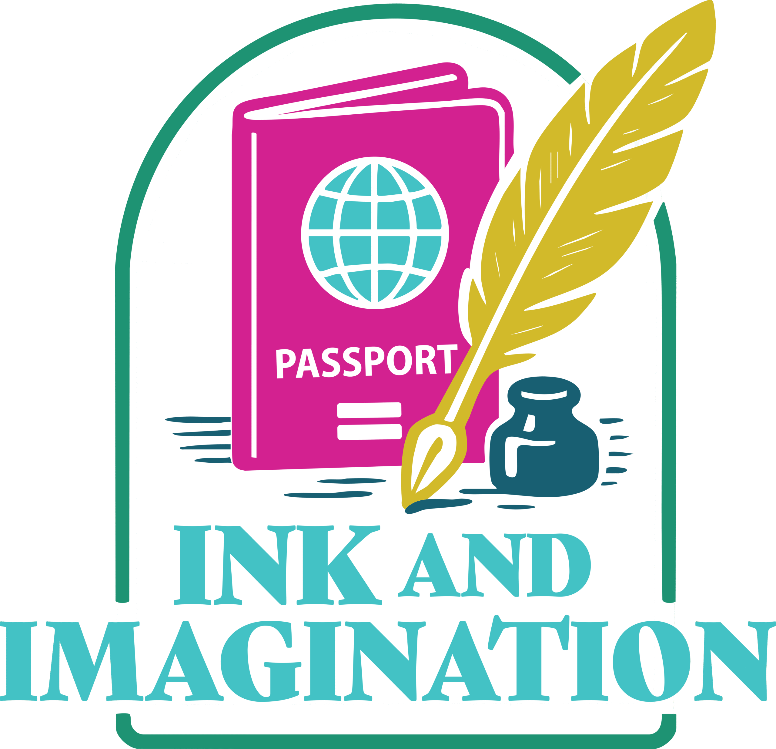 Ink and Imagination Logo. Passport, quill pen, and ink pot in an arched frame.