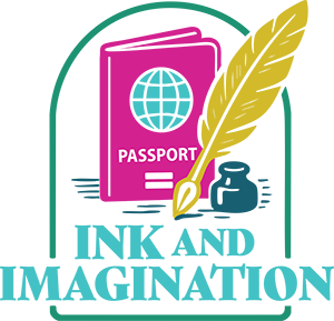 Ink and Imagination Logo. Passport, quill pen, and ink pot in an arched frame.