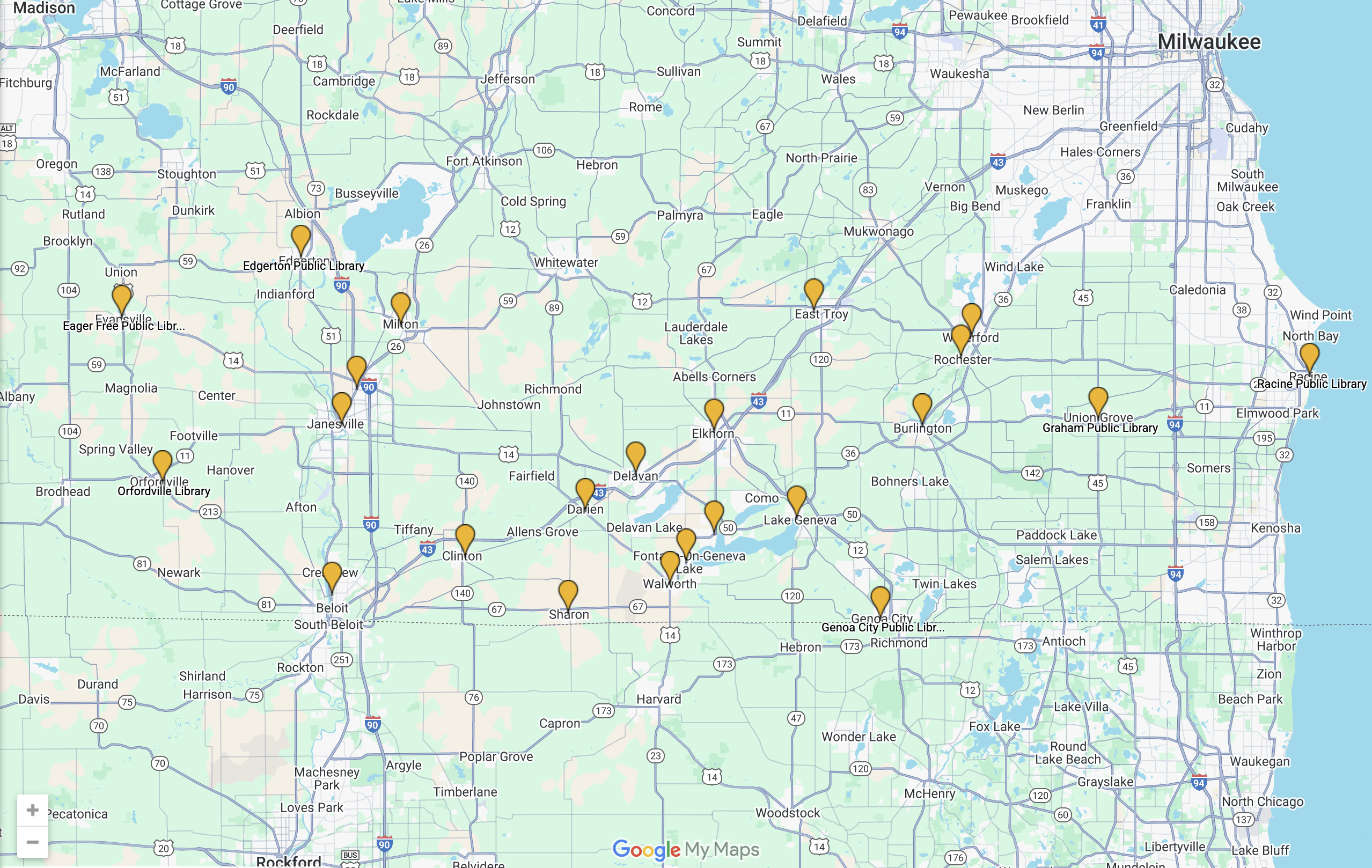 Map indication locations of public libraries in the Prairie Lakes Library System.