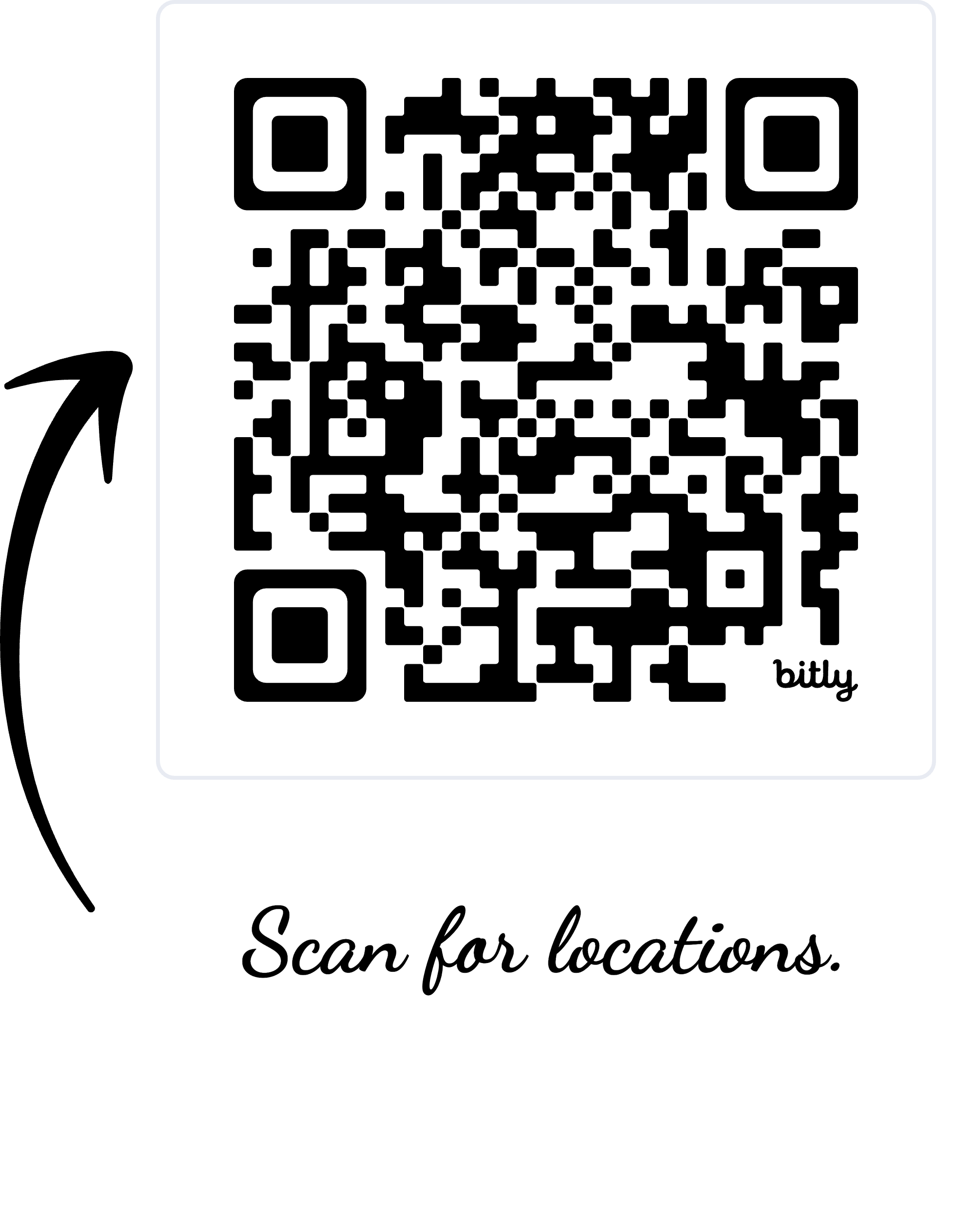 QR Code, scan for locations written below