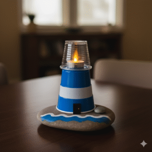 A miniature lighthouse with blue and white stripes, topped with a glowing tea light, on a painted stone base.