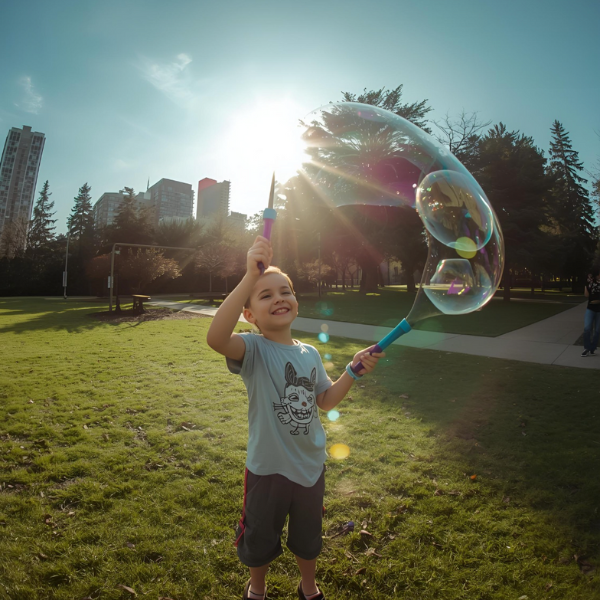bubble 3 A young boy smiling as he makes a large bubble with a wand in a sunny park, surrounded by trees and buildings in the background.