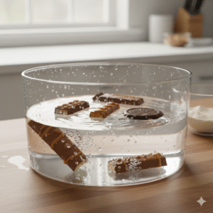Chocolate bars and a cookie floating in a glass bowl of water on a wooden countertop with a blurred kitchen background.