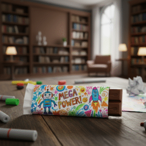 A colorful chocolate bar wrapper with doodles and 