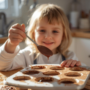 young girl spooning chocolate into a candy mold