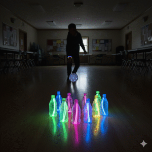 A child in a dim room throws a glowing ball with colorful illuminated bottles in the foreground.