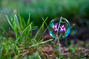 A colorful soap bubble resting on green grass.