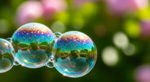 Close-up of colorful soap bubbles with swirled patterns, against a blurred green and pink background.