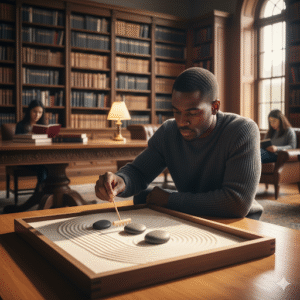 A man raking sand in a miniature zen garden at a library table.