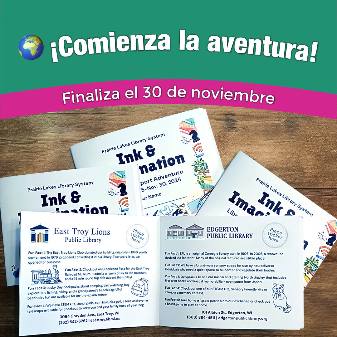Library brochures promoting the "Ink & Imagination" event, with text and logos.</p>
<p>Transcribed Text:</p>
<p>¡Comienza la aventura!</p>
<p>Finaliza el 30 de noviembre