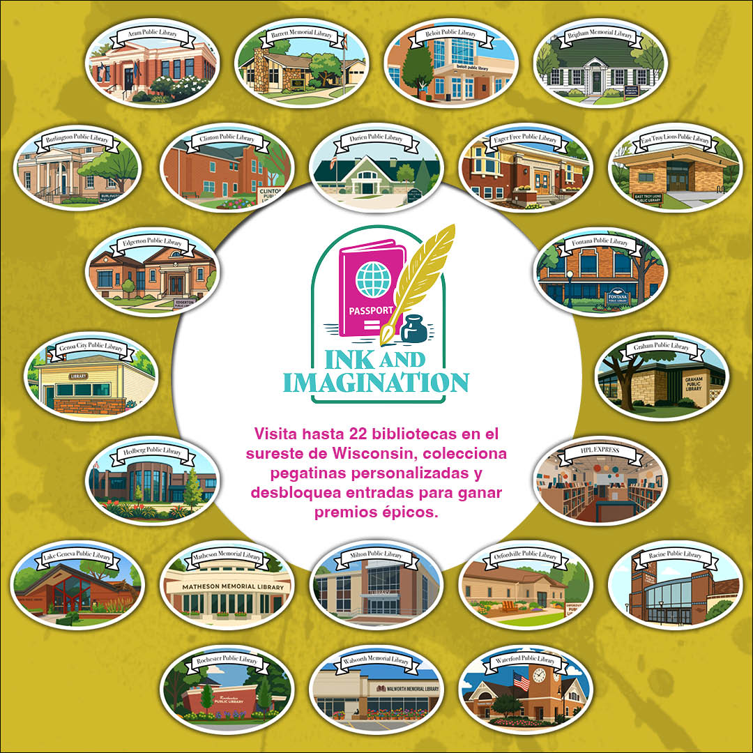 Circular arrangement of illustrated library ovals around a central promotional graphic for a library event in Wisconsin. Visita hasta 22 bibliotecas en el sureste de Wisconsin, colecciona pegatinas personalizadas y desbloquea entradas para ganar premios épicos.