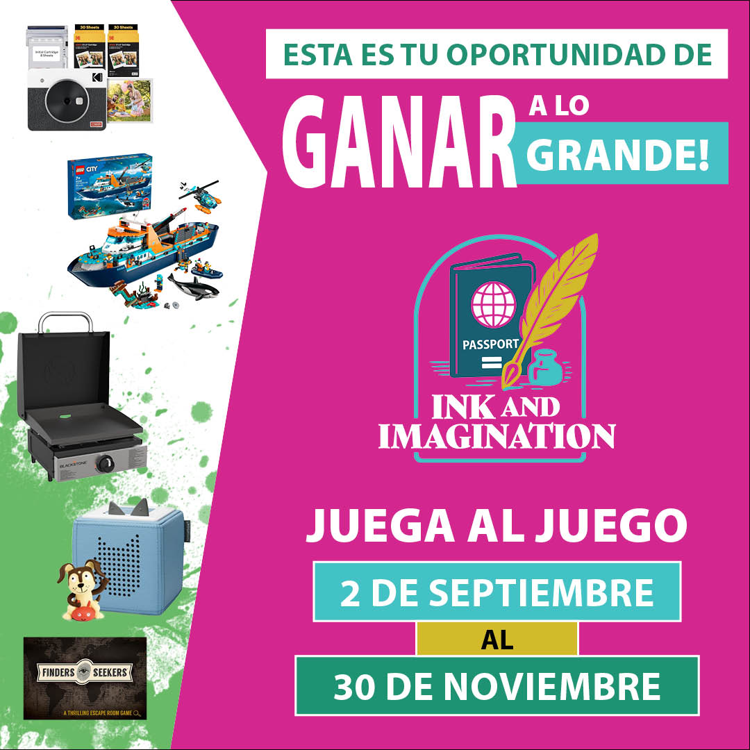 Promotional image with prizes and details of a contest running from September 2nd to November 30th. Transcribed Text: Esta es tu oportunidad de ganar a lo grande! Ink and Imagination Juega al Juego 2 de Septiembre al 30 de Noviembre Finders Seekers A Thriller in a Box.