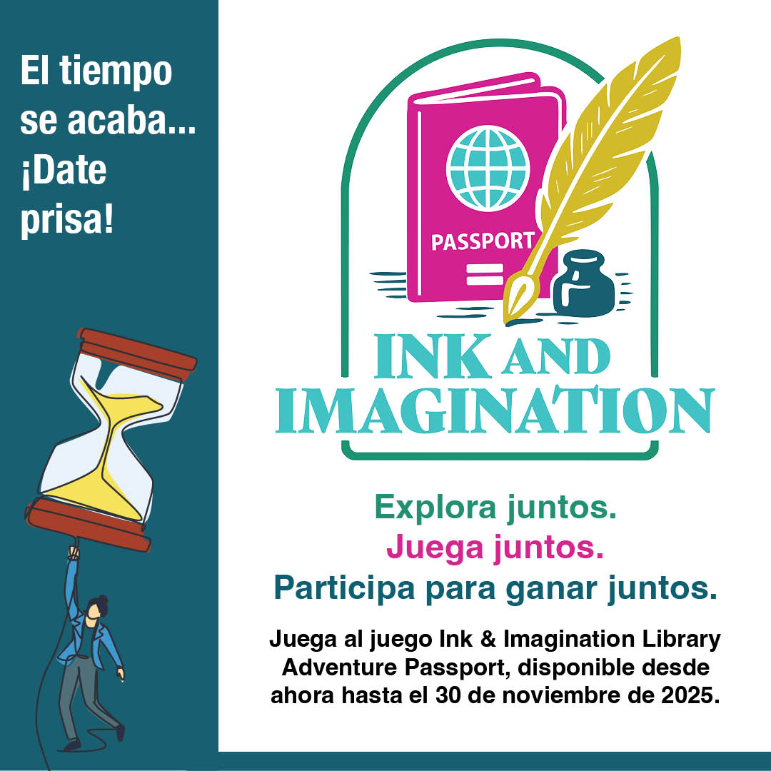 The image displays a colorful announcement about a deadline on November 30, 2025, with instructions on prize collection, featuring a logo. Transcribed Text: ¡Recoge pronto tus participaciones premiadas! Solo algunas bibliotecas seleccionadas abren los domingos. Los ganadores serán notificados antes del 12 de diciembre.