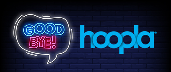 Neon-style speech bubble with "GOOD BYE!" and the word "hoopla" on a dark blue brick wall. Transcribed Text: GOOD BYE! hoopla.