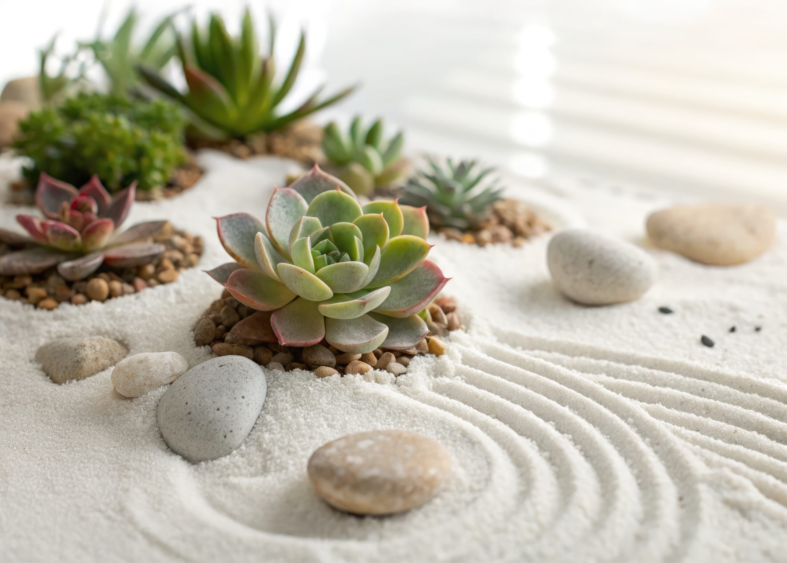 Zen garden with succulents, stones, and lines in the sand
