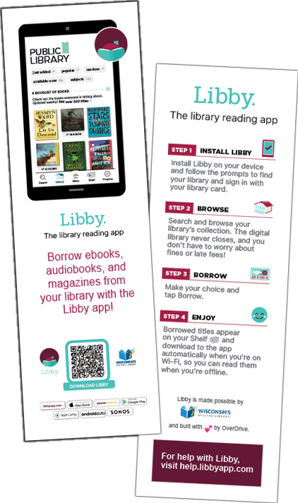 Bookmarks - libby app getting started Two bookmarks advertising the Libby library reading app, with instructions and features.</p>
<p>