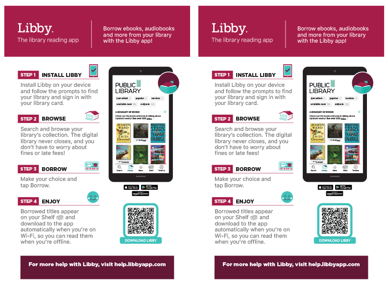 Libby How-to Halfsheet_8.5x11 Libby app promotional flyer with step-by-step instructions and a QR code.