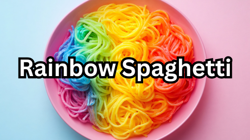 A pink bowl of multi-colored spaghetti