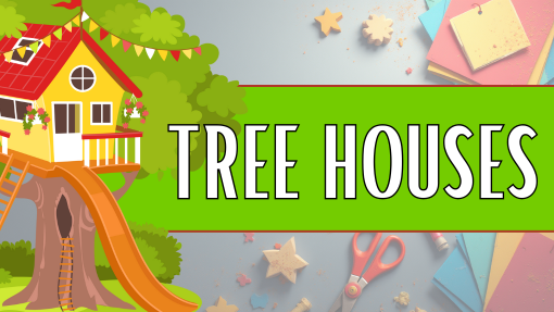 Illustrated treehouse with a background of craft supplies