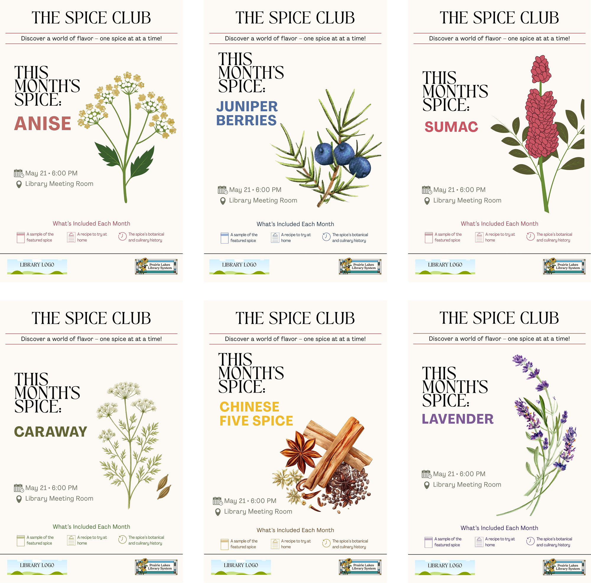 Preview of six posters. Each promotes a Spice Club event featuring one of the following spices: Anise, Juniper Berries, Sumac, Caraway, Chinese Five Spice, and Lavender.