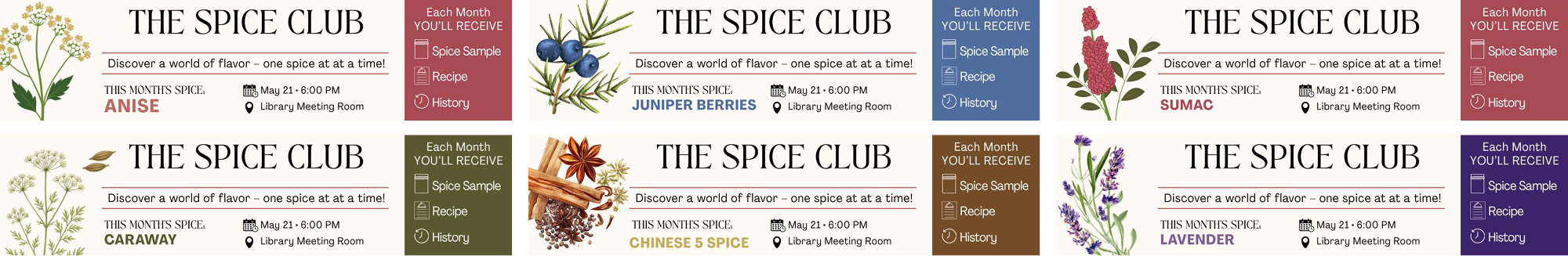 Six graphics promoting Spice Club for the following spices: Anise, Juniper Berries, Sumac, Caraway, Chinese Five Spice, and Lavender.
