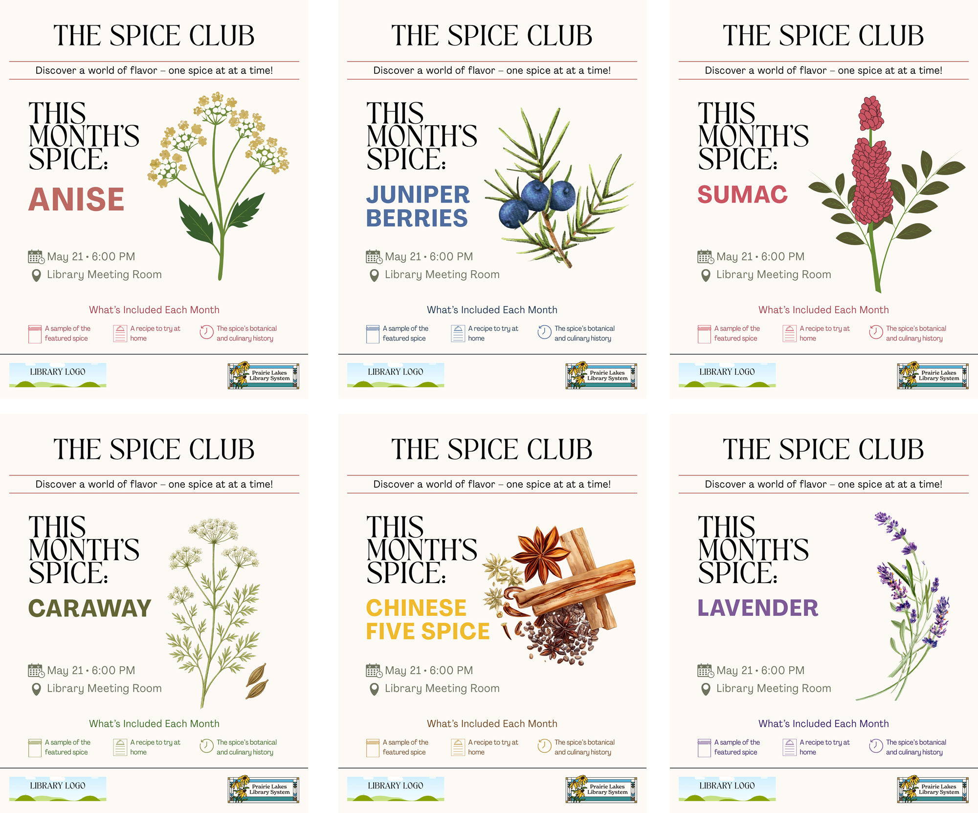 Preview of six flyers. Each promotes a Spice Club event featuring one of the following spices: Anise, Juniper Berries, Sumac, Caraway, Chinese Five Spice, and Lavender.