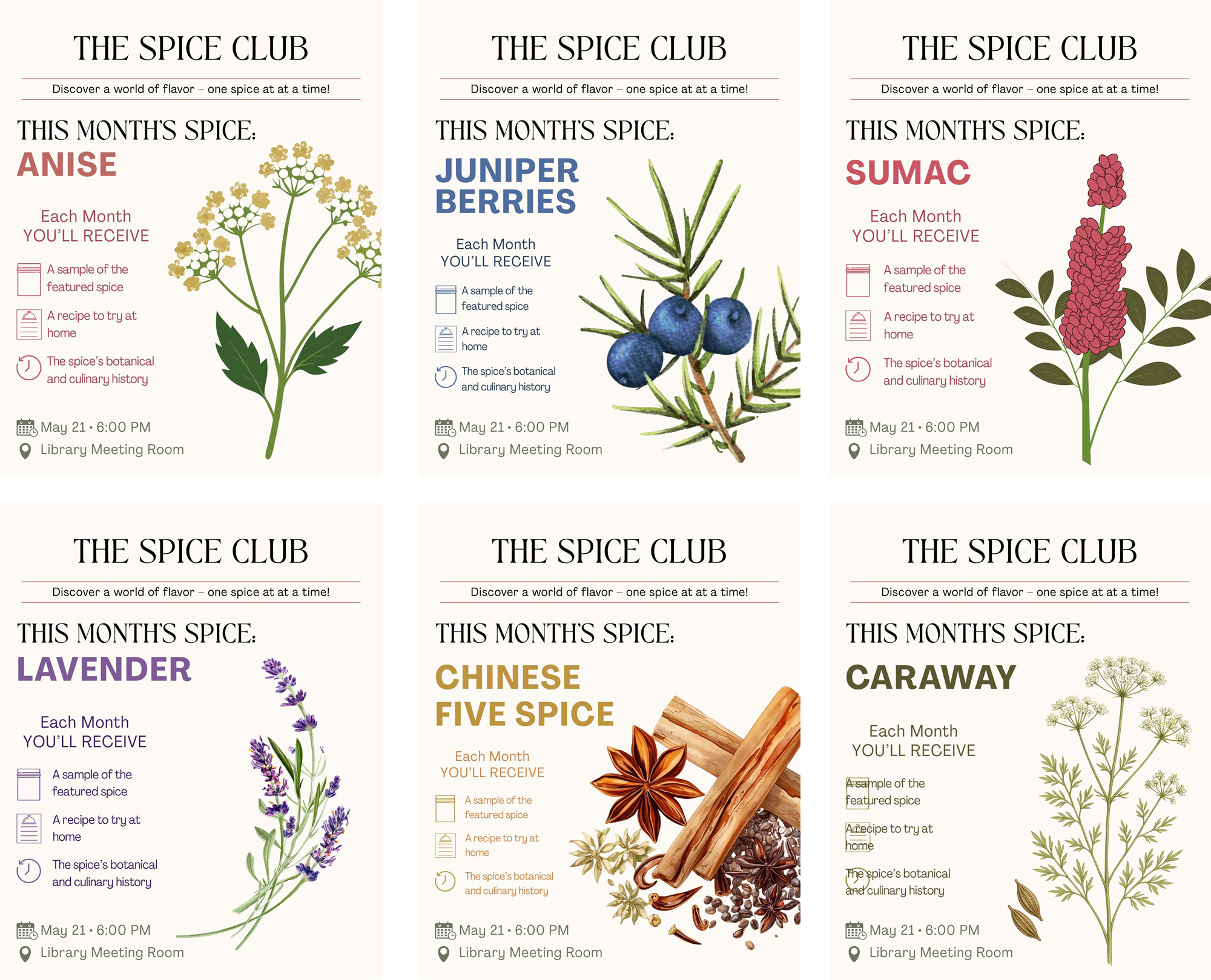 Preview of Instagram Posts for Spice Club, featuring anise, juniper berries, sumac, lavender, Chinese five spice, caraway.