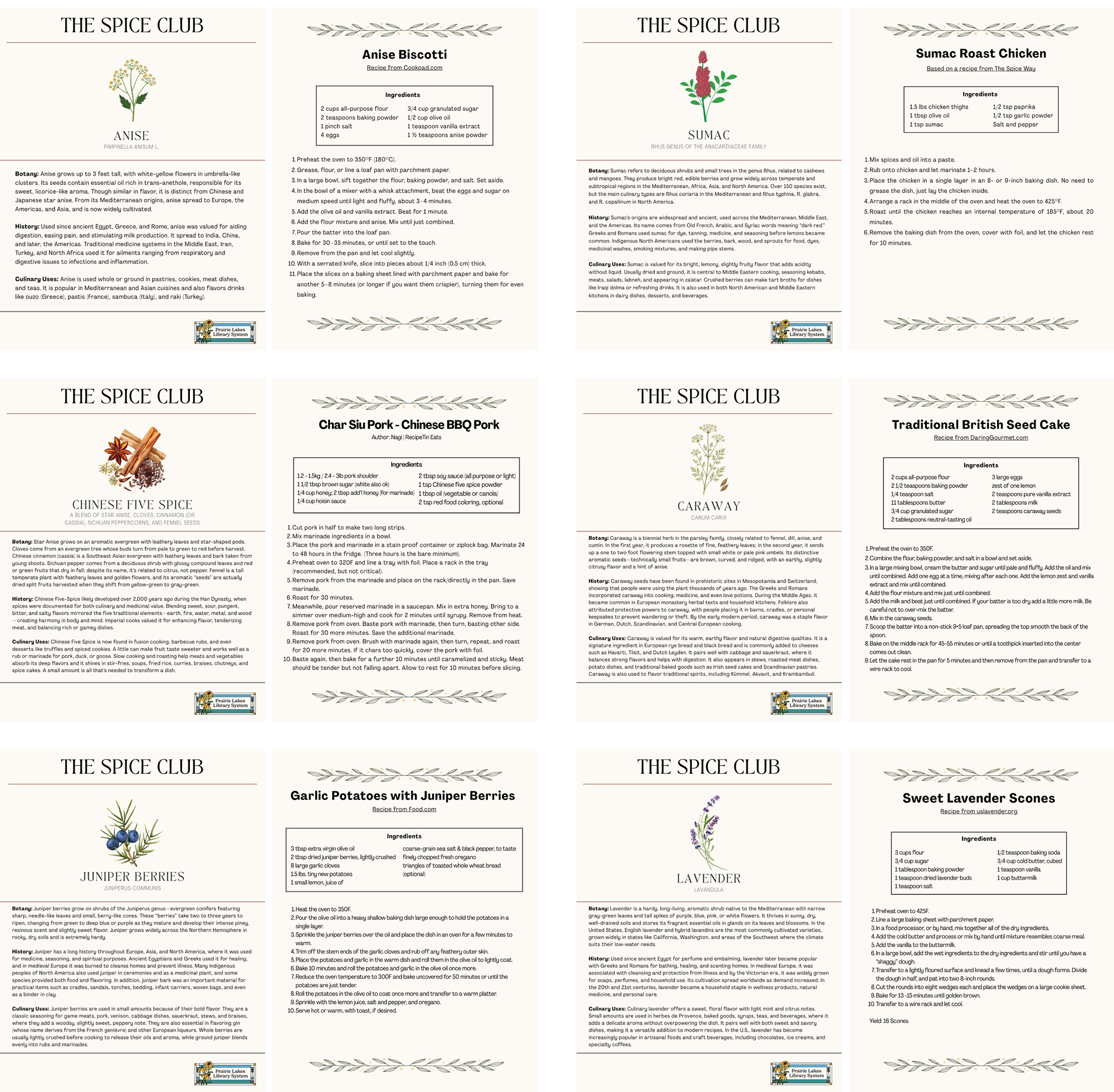 Preview of six pairs of history and recipes. One for each  of the following spices: Anise, Juniper Berries, Sumac, Caraway, Chinese Five Spice, and Lavender.